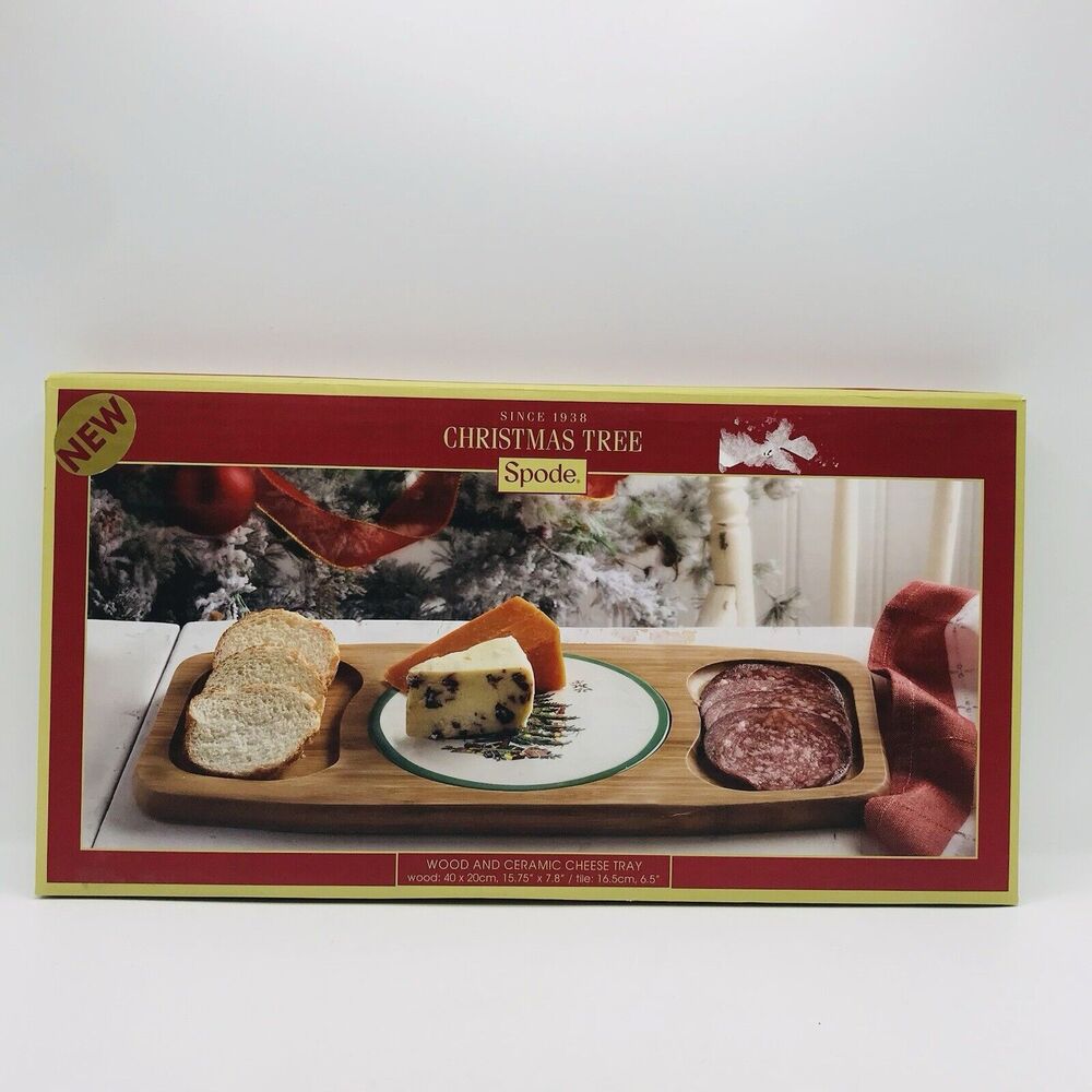 Spode Christmas Tree Bamboo Wood and Ceramic Cheese Tray 15.75 x 7.8 Inches NEW